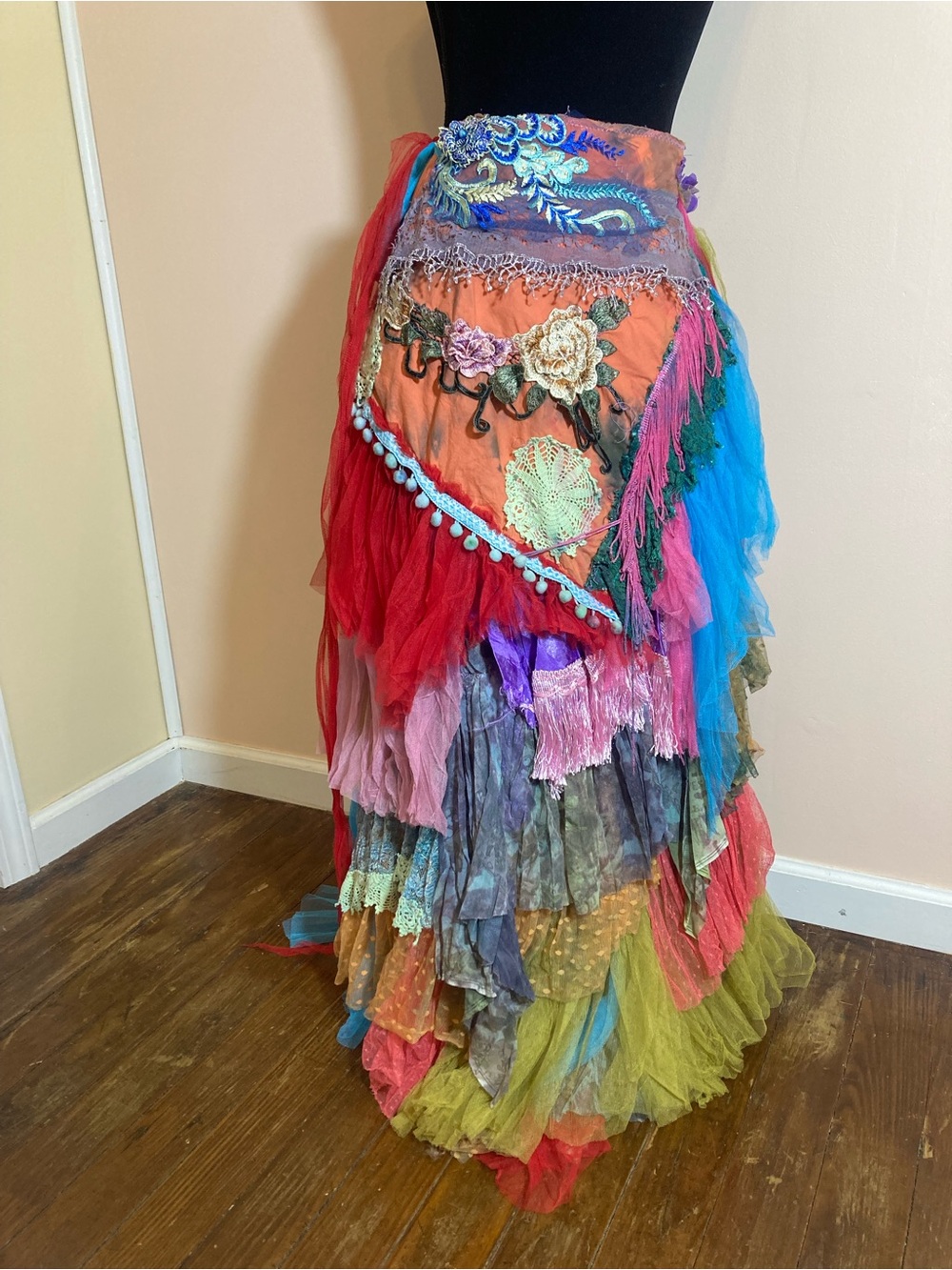 Handmade Bohemian Multi-Color Maxi Skirt with Fringe Details - Picture 3 of 3